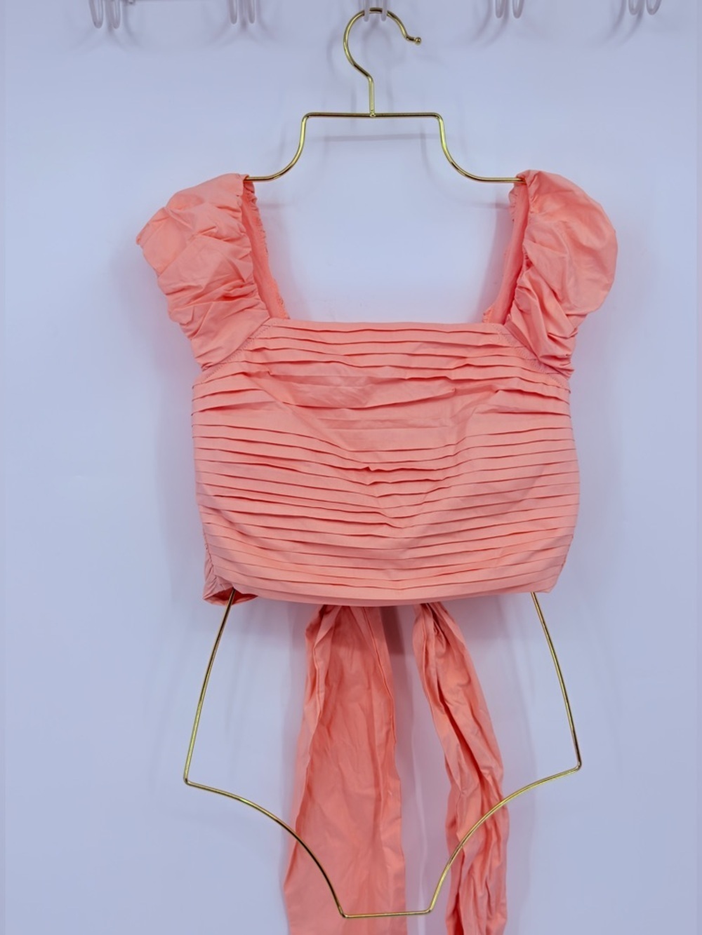 En Saison Peach Crop Top S Puff Sleeve Smocked Back Tie Cottagecore NWT